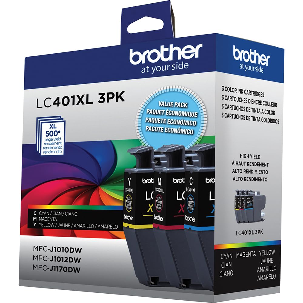 Brother Genuine LC401XL 3-Pack Color High Yield Ink Cartridge (Cyan, Magenta, Yellow) Bundle with Deco Essentials Printer eBook for MFC-J1010DW