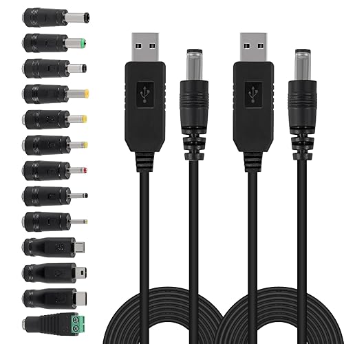 JUZITAO 2PCS Universal 5V DC 5.5 2.1mm Plug Charging Cable Power Cord, USB to DC Power Cable with 13 Interchangeable Plugs Connectors Adapters