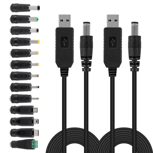 JUZITAO 2PCS Universal 5V DC 5.5 2.1mm Plug Charging Cable Power Cord, USB to DC Power Cable with 13 Interchangeable Plugs Connectors Adapters