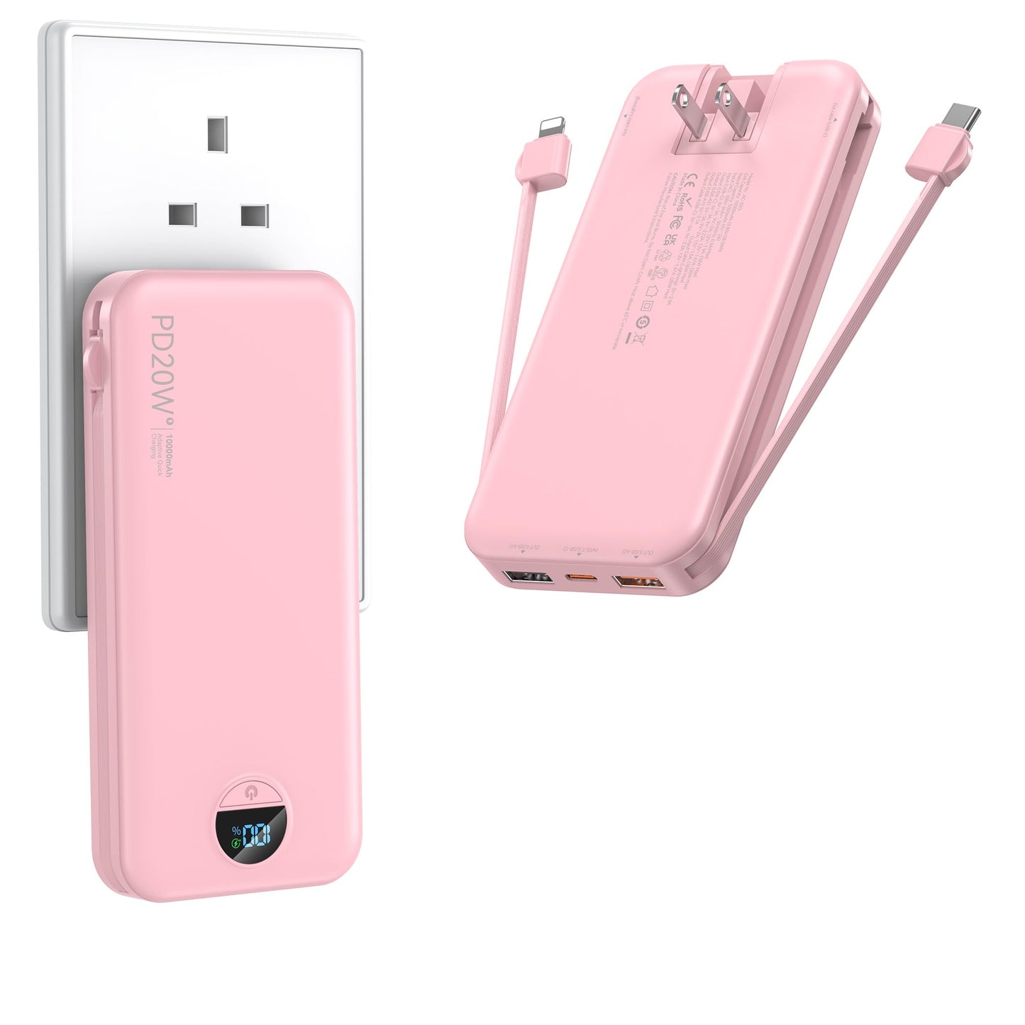 Portable Charger with Wall Plug, 10000mAh USB C Power Bank Fast Charging, External Battery Pack with Built in Cables, Digital Display, 5 Output 4
