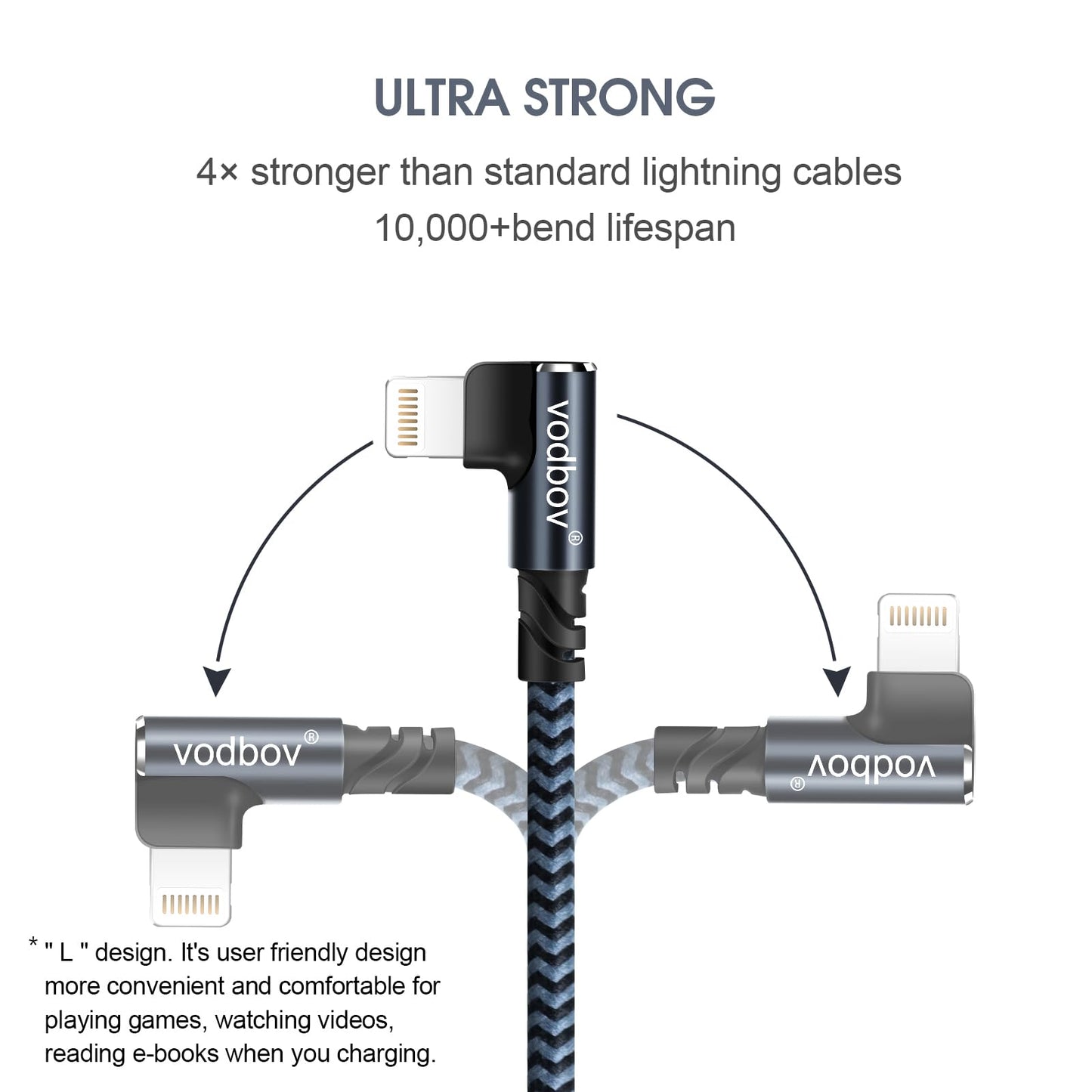 VODBOV iPhone Charger Lightning Cord 3Pack 1FT 3FT 6FT Right Angle MFi Certified Cable Braided USB Charging Wire High Speed Black