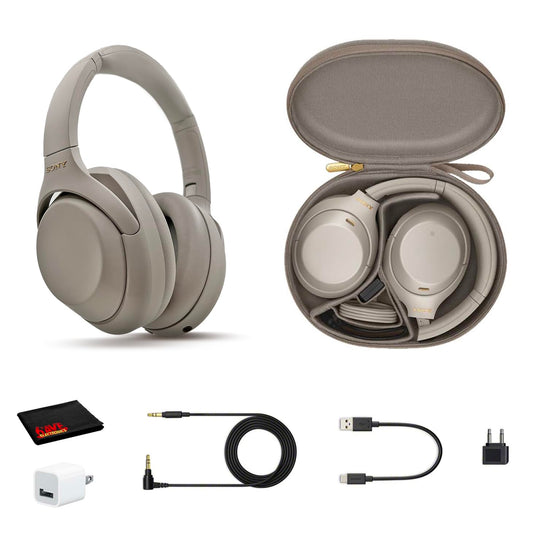 Sony WH-1000XM4 Wireless Noise Canceling Overhead Headphones with Mic for Phone-Call, Voice Control, Silver, with USB Wall Adapter and Microfiber…