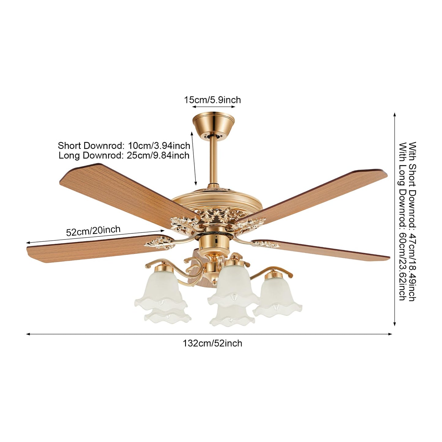 Flhonudi 52inch Golden Ceiling Fan with Light Glass Shade Modern Fan Wooden Blades Chandelier Fan Reversible Slient Motor 3 Speed Adjustable w/Remote