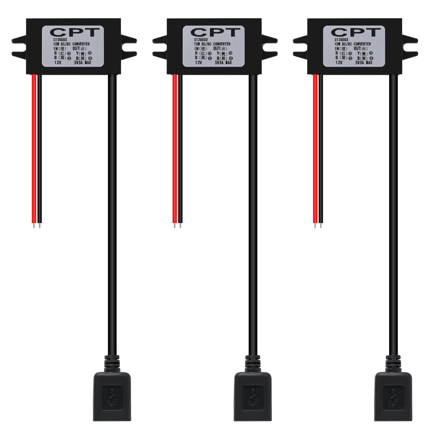 AITRIP 3Pack 12V DC to 5V 3A USB Female Converter Adapter Buck Module Regulator Car Power Converter
