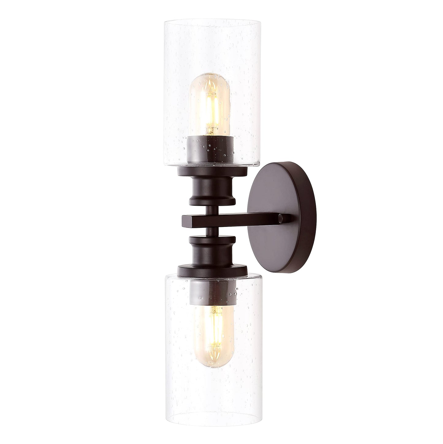 JONATHAN Y 16.5" Oil Rubbed Bronze 2-Light LED Wall Sconce, Modern Farmhouse Vanity Light with Seeded Glass Shade, Industrial Iron Fixture