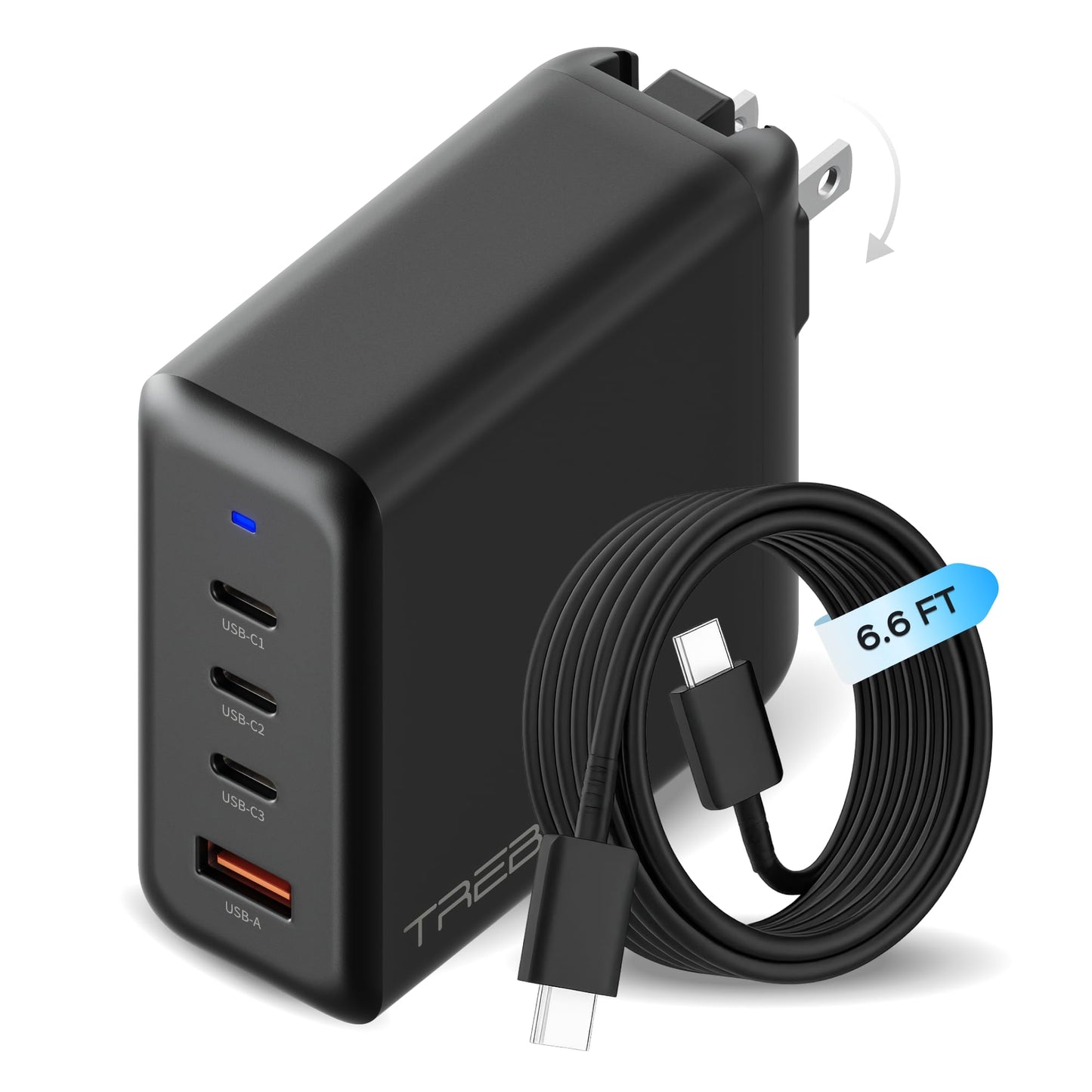 TREBLAB 100W Charger - 100W USB C Charger with Dual USB-C PD Ports, USB-A 30W Output, GaN Technology, Fast Charging Adapter with Wide Voltage Input