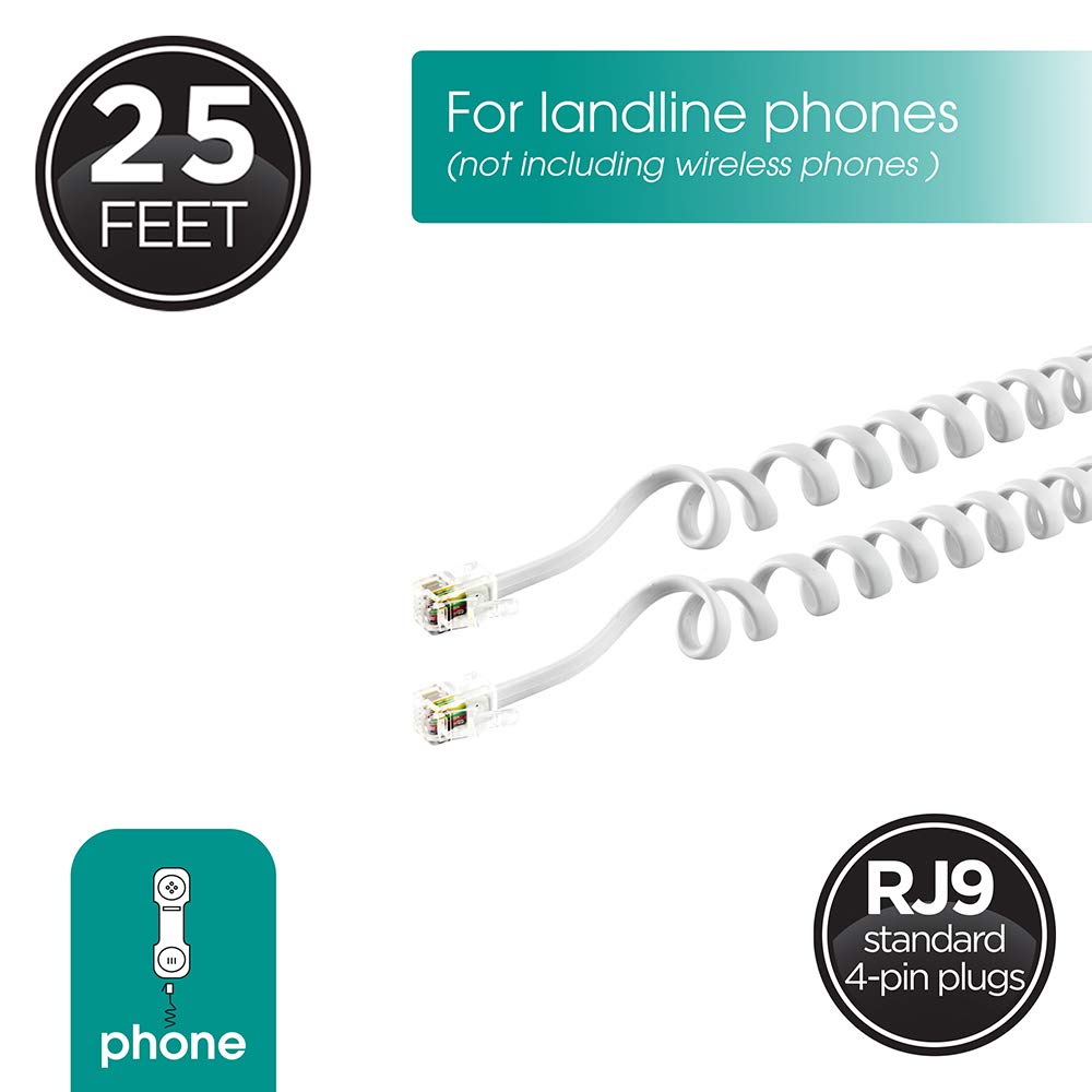Power Gear Coiled Telephone Cord, 4 Feet Coiled, 25 Feet Uncoiled, Phone Cord works with All Corded Landline Phones, For Use in Home or Office, White