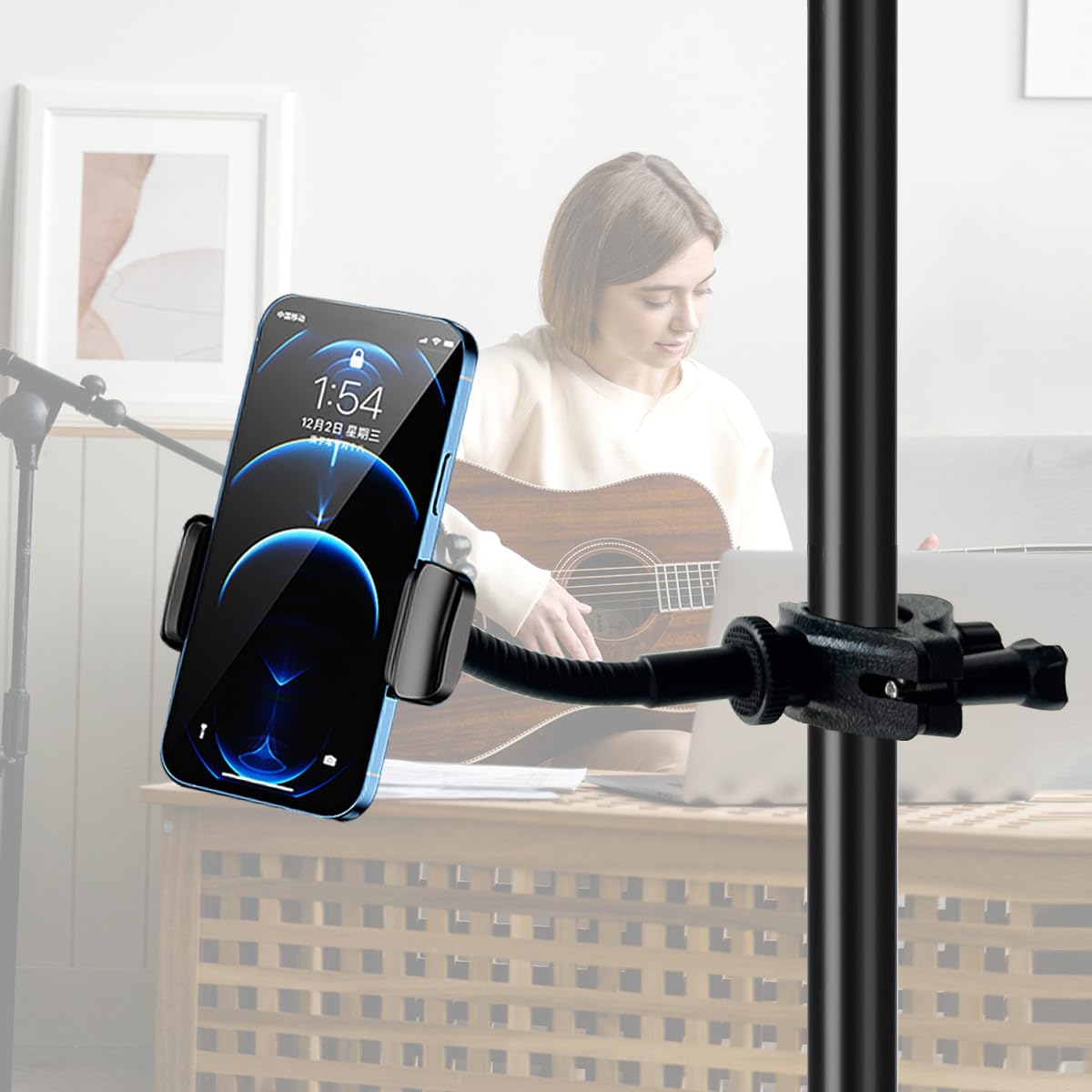JCWINY Mic Stand Phone Holder, Flexible Phone Holder for Microphone Stand, Adjustable iPhone Mic Stand Holders, Music Stands Phone Holders for iPhone