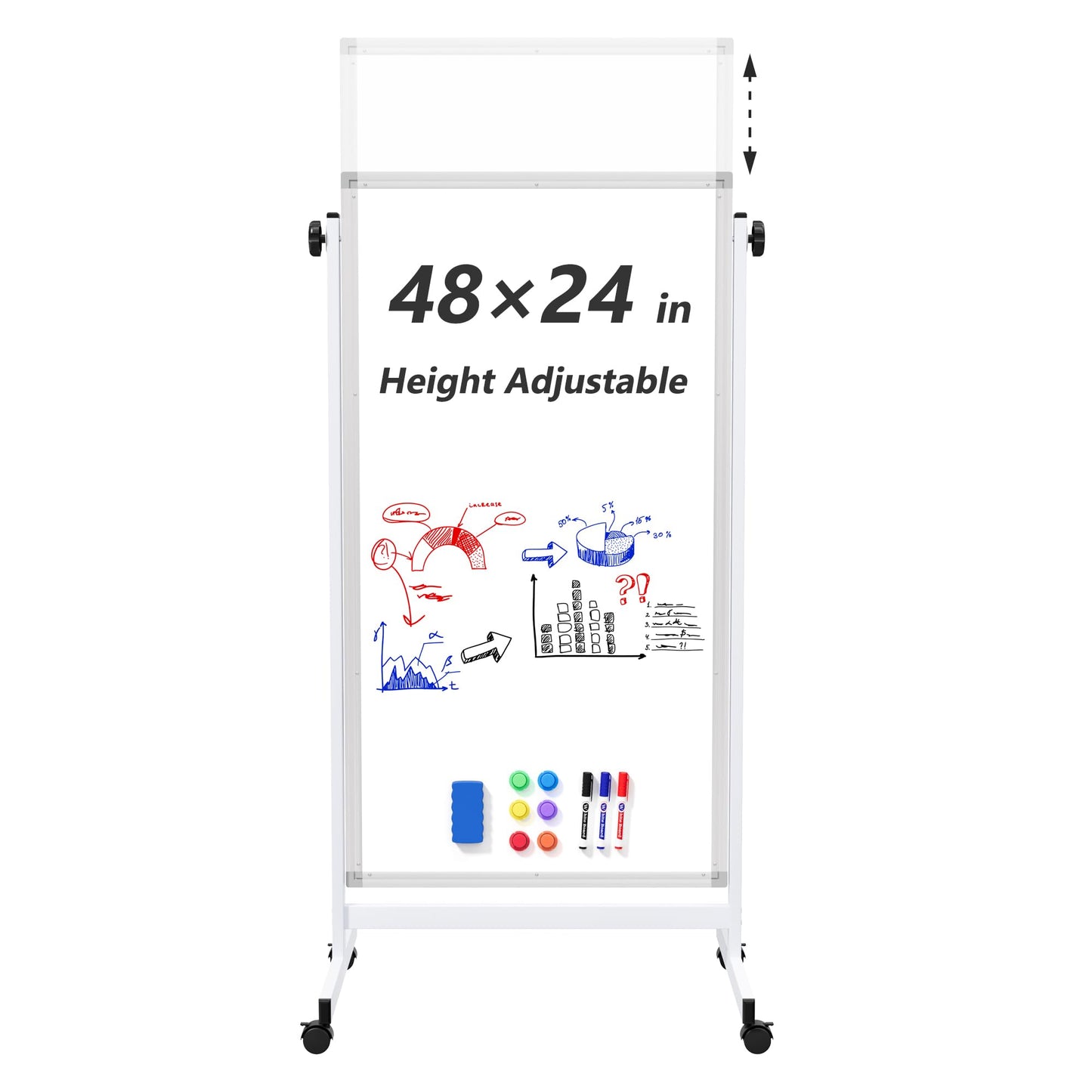 Large Rolling Whiteboard on Wheels, 48" x 24" Height Adjustable Mobile White Board with Stand, 4' x 2' Portable Standing Magnetic Dry Erase Board
