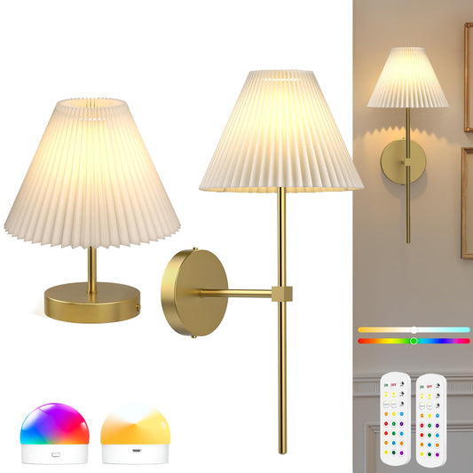 Hudyogy Battery Operated Wall Sconces Set of 2,Gold Rechargeable Wall Lights with Remote,3000mAh Dimmable 3 Timer Magnetic Bulbs,Indoor Wireless Lamps