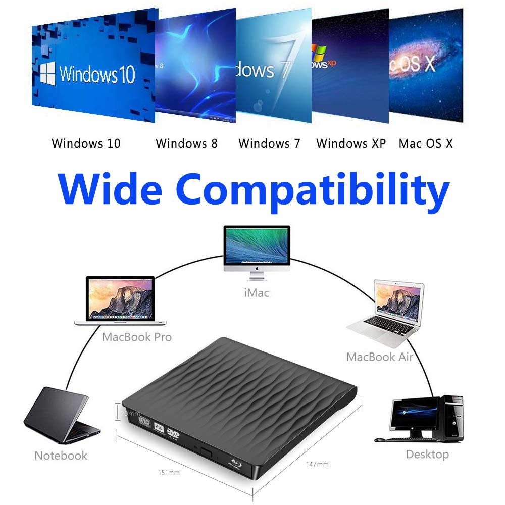 Xglysmyc USB3.0 External 3D Blu Ray DVD Drive,Super Slim Portable Blu Ray CD DVD Drive Burner Player CD/DVD+/-RW Writer Reader Compatible with Laptop
