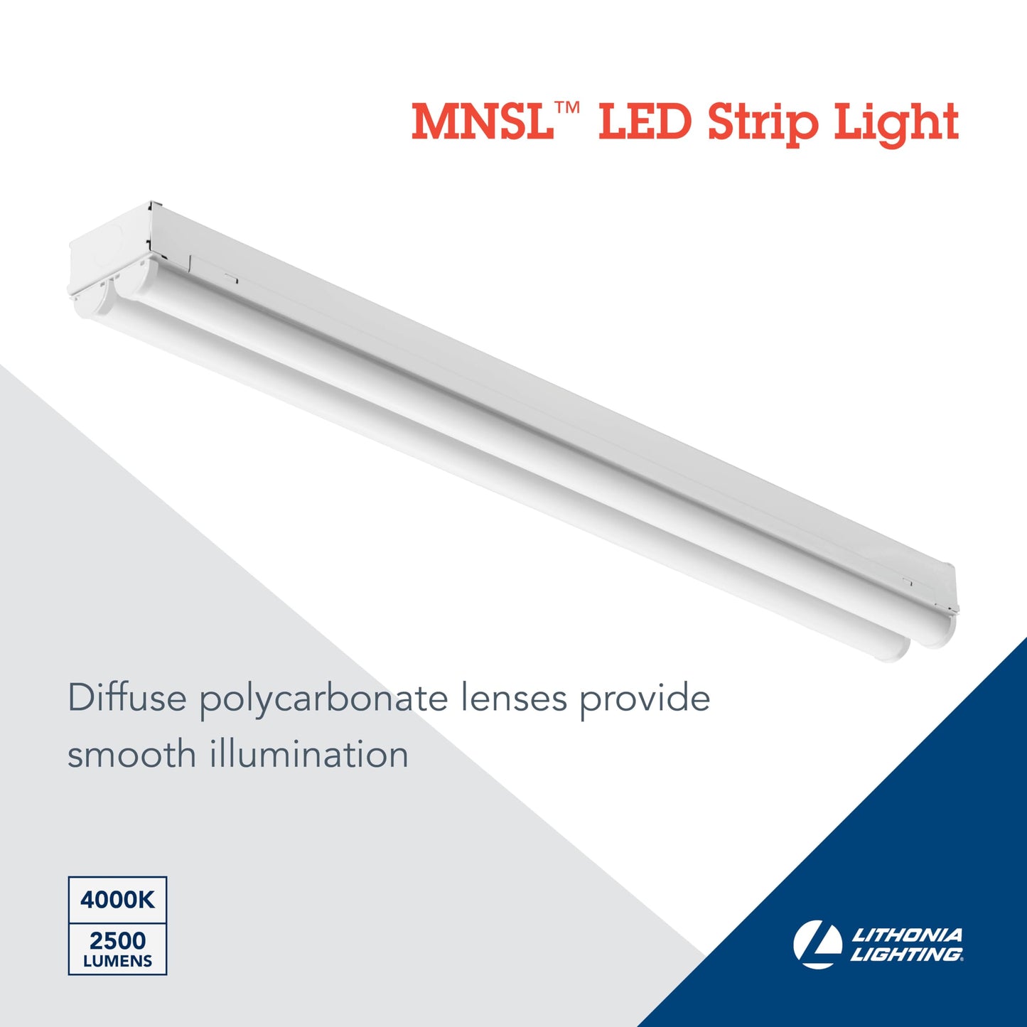 Lithonia Lighting 2 Light LED Strip Light, 2 Foot LED Ceiling Lighting Fixture, 2500 Lumens, 4000K, 80CRI, 20W, Kitchen and Garage Use (MNSL L24 2LL