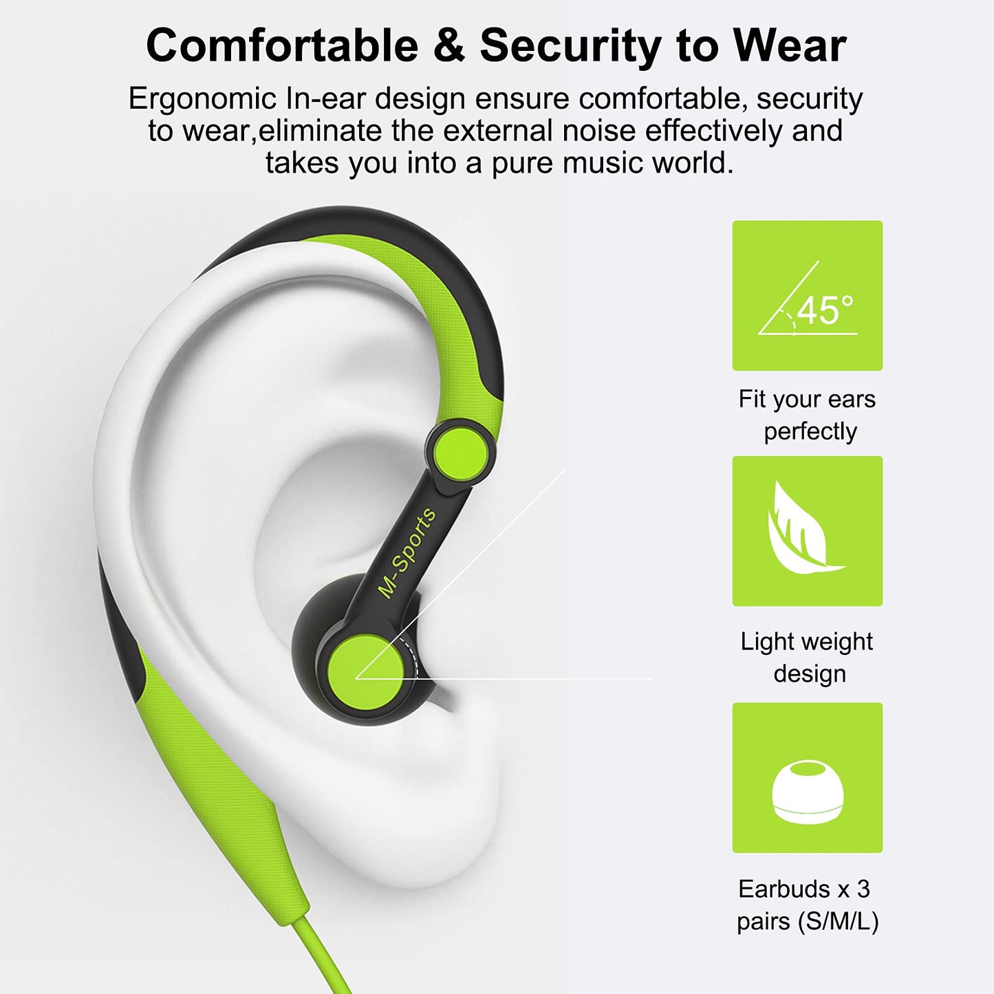 mucro Sport Headphones Wired Running Earphones with Earhook (3.5mm, Green)