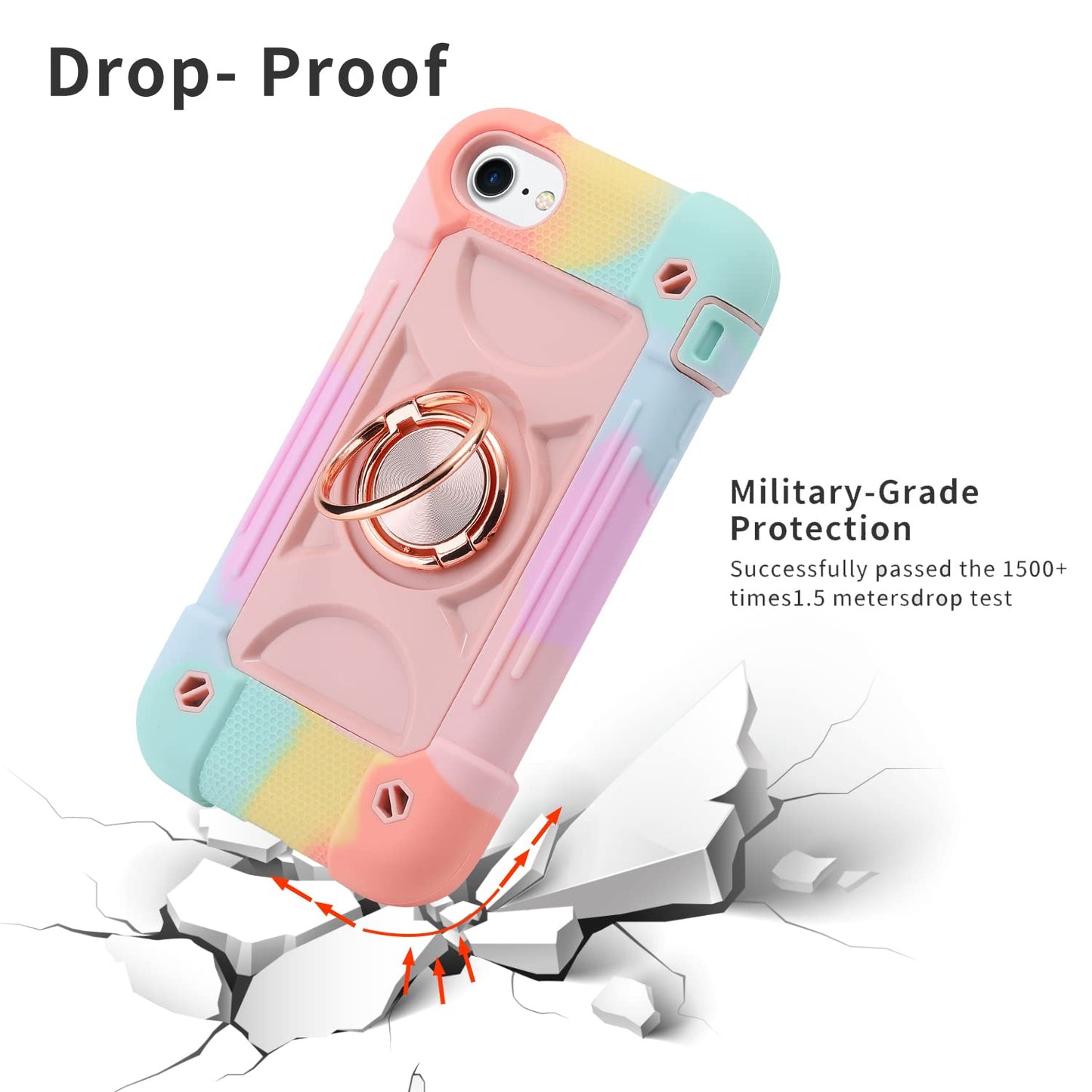 MARKILL Compatible with iPhone Case with Ring Stand, Heavy-Duty Military Grade Shockproof Phone Cover (Rainbow Pink, iPhone SE 3rd/2nd/iPhone