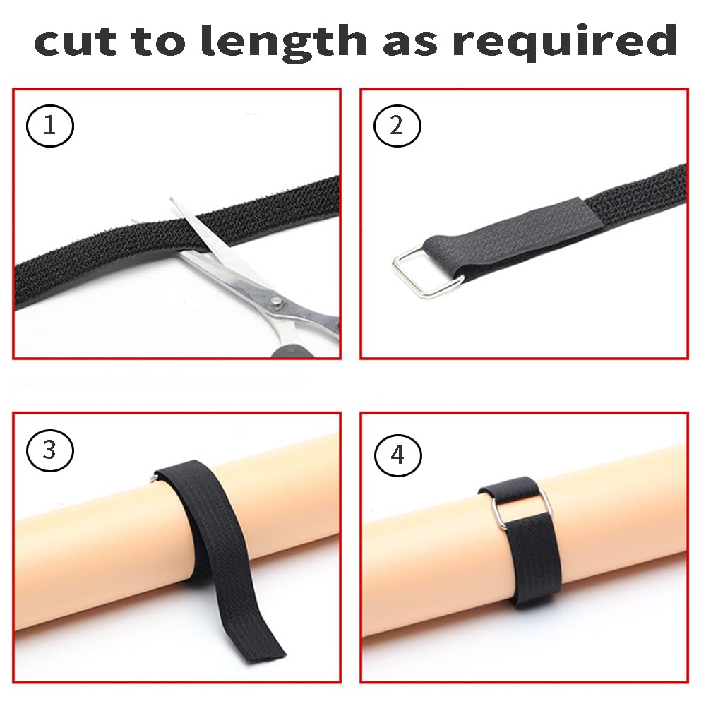 Amsthow 39ft Black Hook and Loop Straps With 50Pcs Metal Buckles 1 inch Wide Cinch Straps Nylon Long Adjustable Management Cords Organized Cable Ties