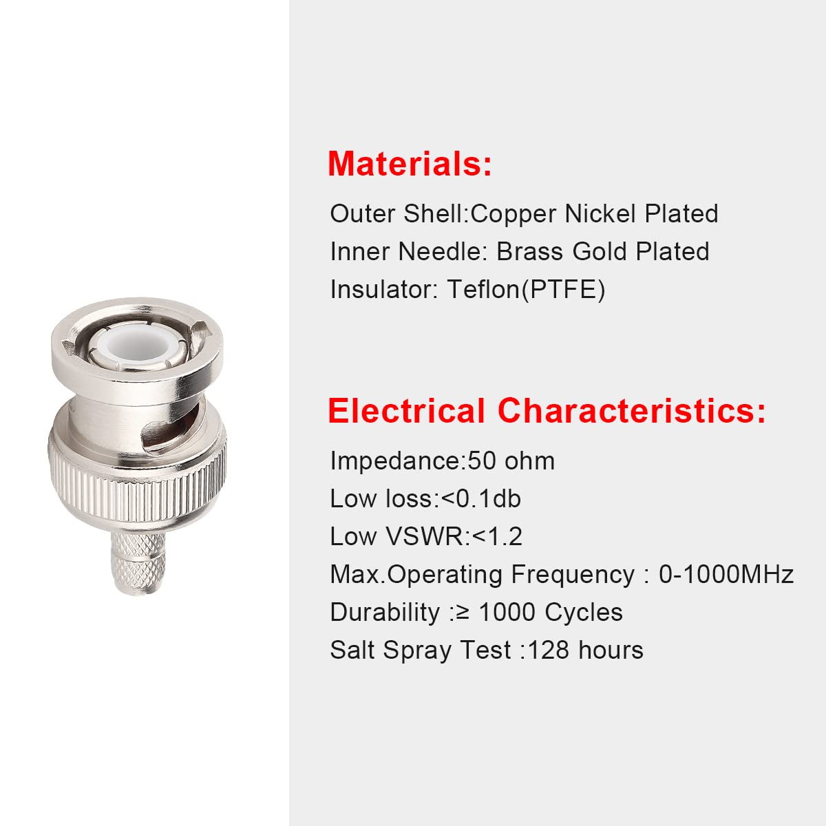 MOOKEERF 10 Pack BNC Male Crimp Connector 50 Ohm BNC Connectors for RG58 RG142 RG400 LMR195 KSR195 3D-FB Coax Cable