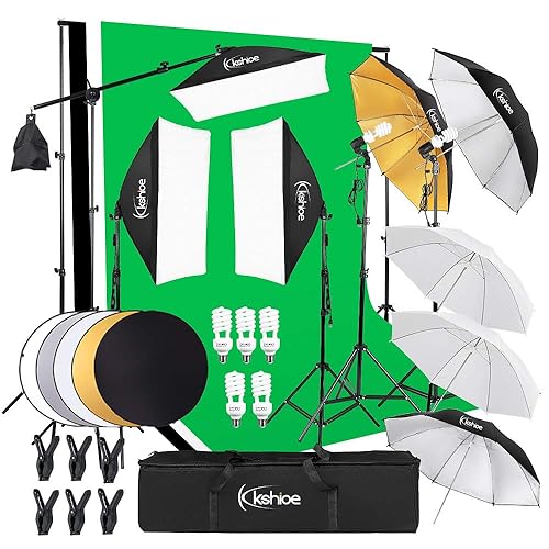 Kshioe Photography Lighting Kit, 6.5x10feet/2x3m Backdrops Stand Support System, 5 in 1 reflectors, 1600w 5500k Umbrellas Softbox Continuous Lighting