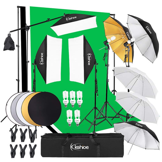Kshioe Photography Lighting Kit, 6.5x10feet/2x3m Backdrops Stand Support System, 5 in 1 reflectors, 1600w 5500k Umbrellas Softbox Continuous Lighting