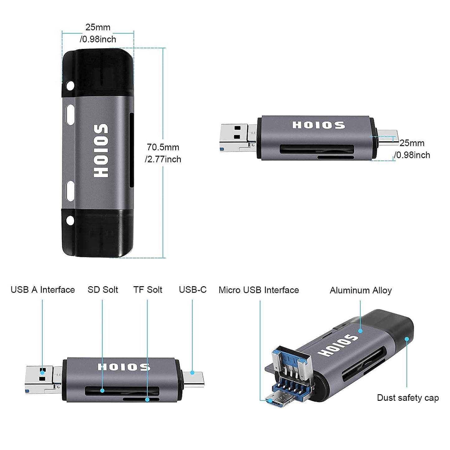 SD Card Reader USB-C,3-in-1 Memory Card Reader with Tri-Connectors, USB 3.0 Card Reader Adapter for SDXC,Micro SDXC,Compatible with Windows,Mac