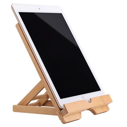 Collect Beauty Bamboo Tablet Stand Holder Adjustable Folding Wood iPad Stand with Chargeable Hole for Desk iPad Cooking Stand