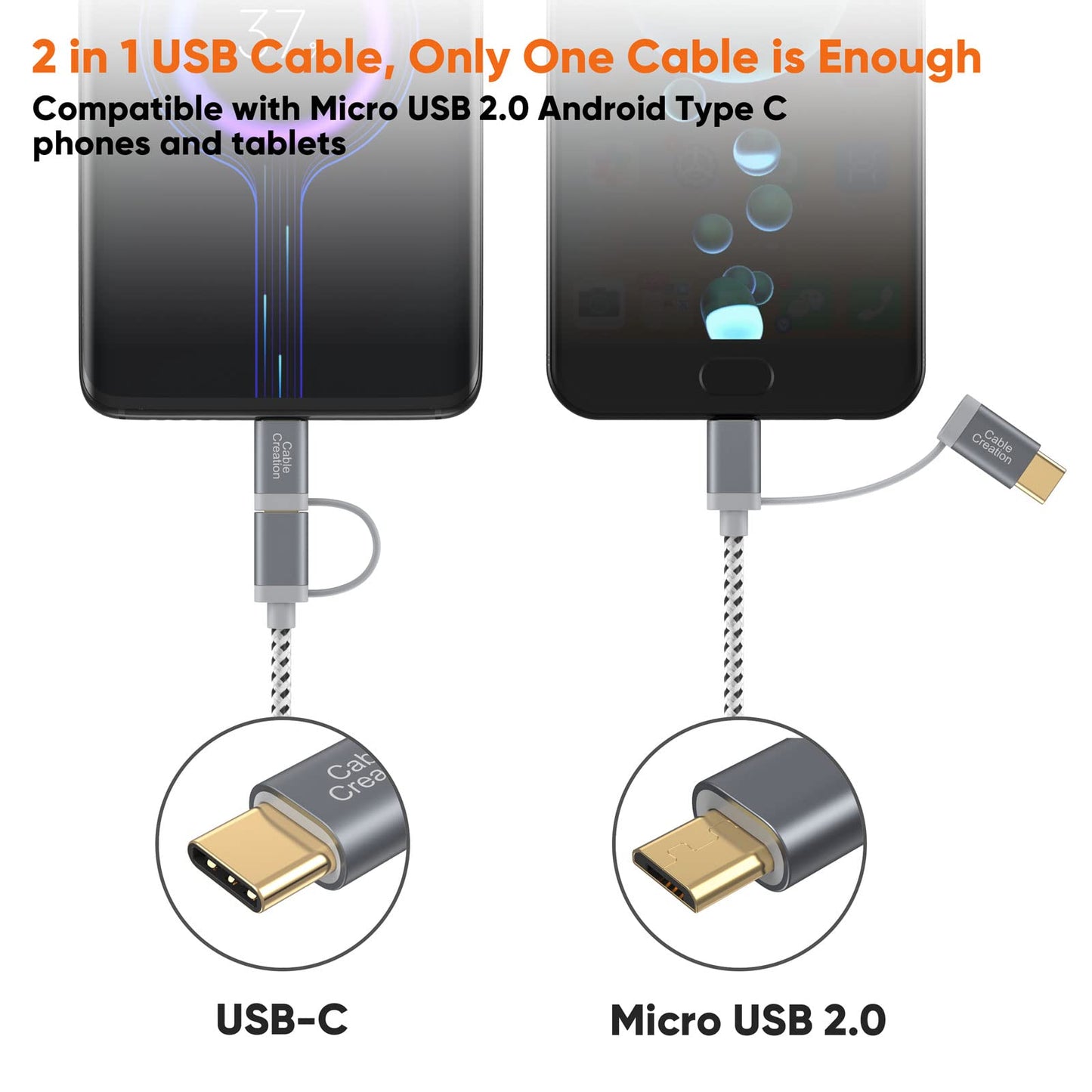 CableCreation 2 in 1 USB C Cable 0.8ft, Braided Micro USB + USB C to USB A Fast Charge Cord Compatible with Galaxy S22 Ultra Note 8, Pixel XL, Android