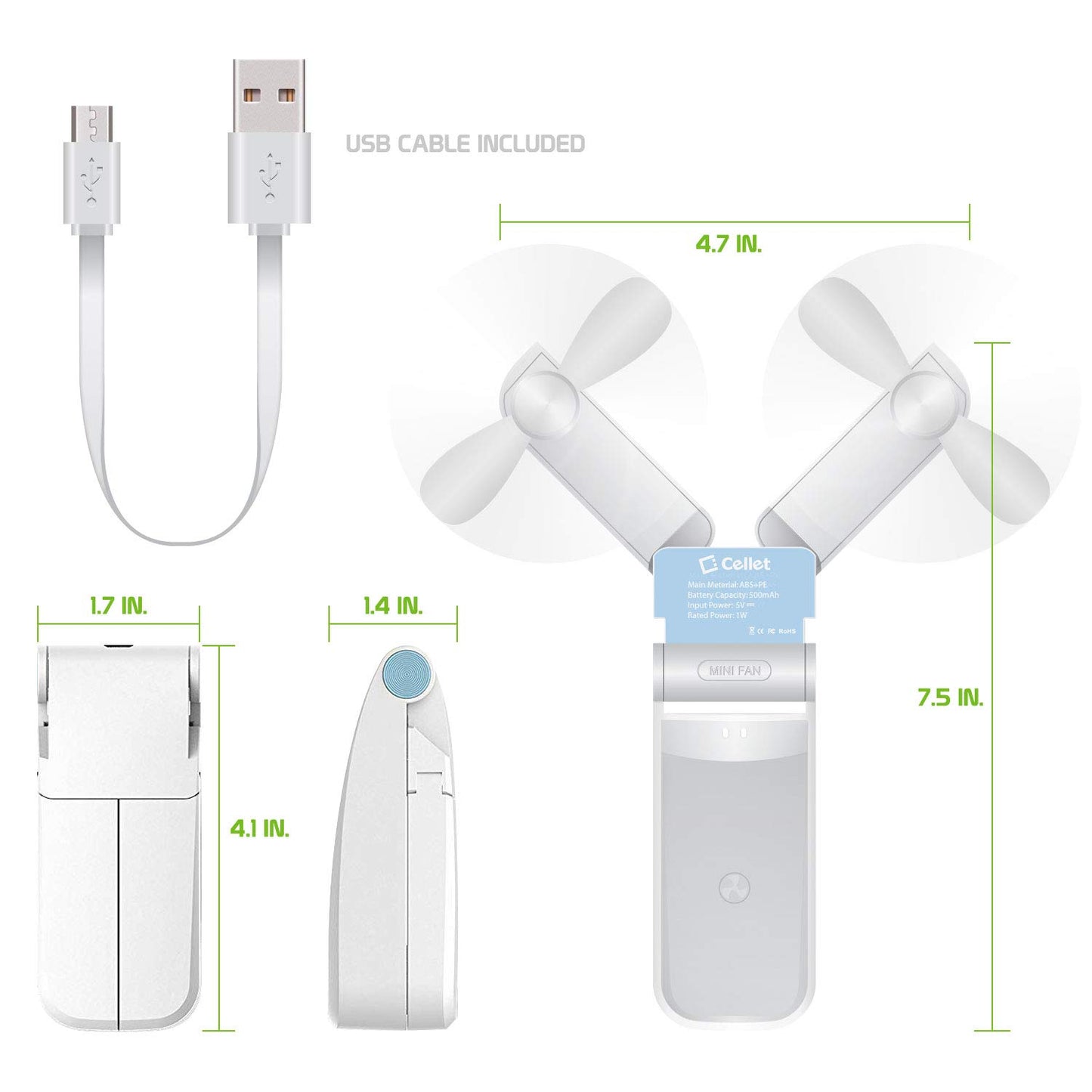 Cellet Foldable Portable Handheld Mini Fans Two Speed Air Cooling USB Rechargeable (Green)