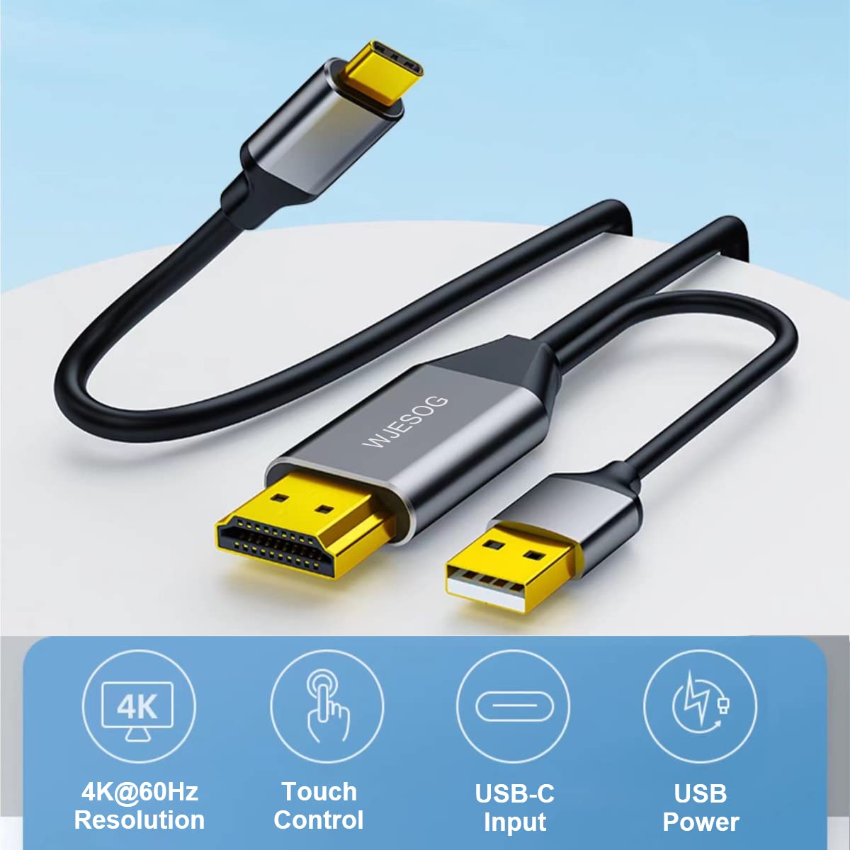 WJESOG HDMI to USB C Adapter Cable 6.6ft 4K@60Hz with USB Power Adapter,HDMI Male to Type C Male Converter Support Touch for New MacBook Pro,Mac