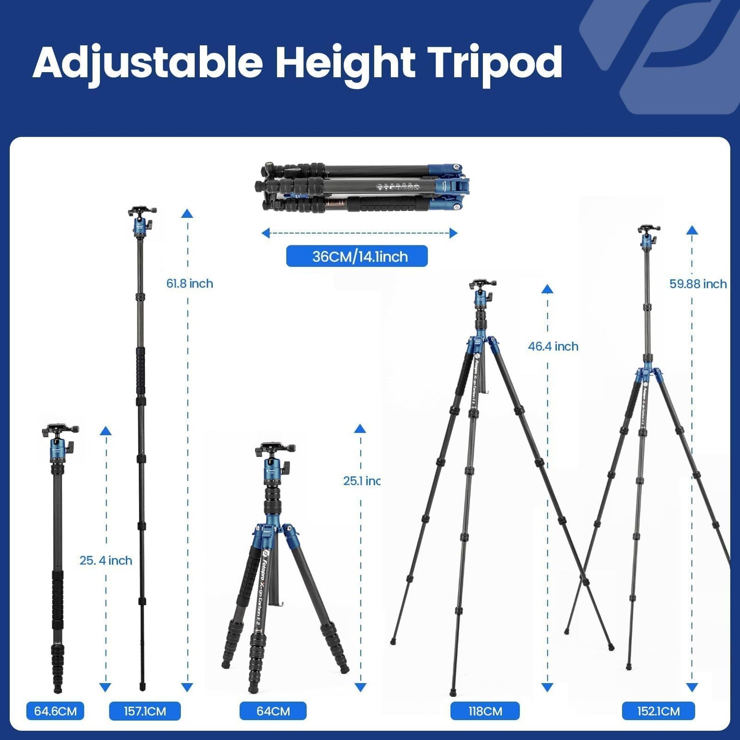 Fotopro 59" Carbon Fiber Travel Tripod Compact Camera Tripod with Ball Head Detachable Monopod with Quick Release Plate and Bag Load up