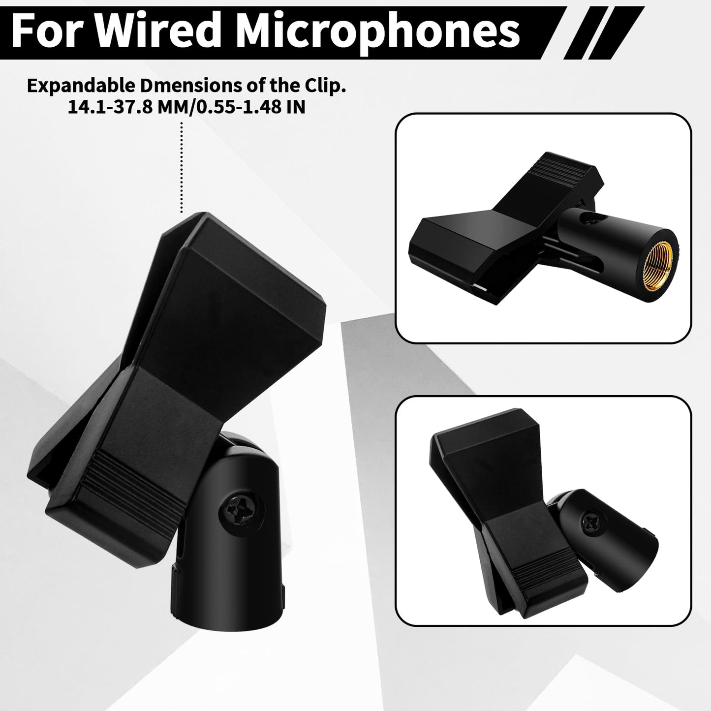 4 Pack Universal Adjustable Mic Clips for Stands, Wireless Microphone Holder with 5/8 to 3/8 Inch Adapter, 180° Adjustable Knob, Secure Clamp for Mic