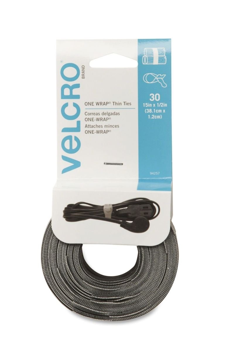 Velcro 94257 6 Pack 15in. x 1/2in. One Wrap Thin Ties, Black and Gray