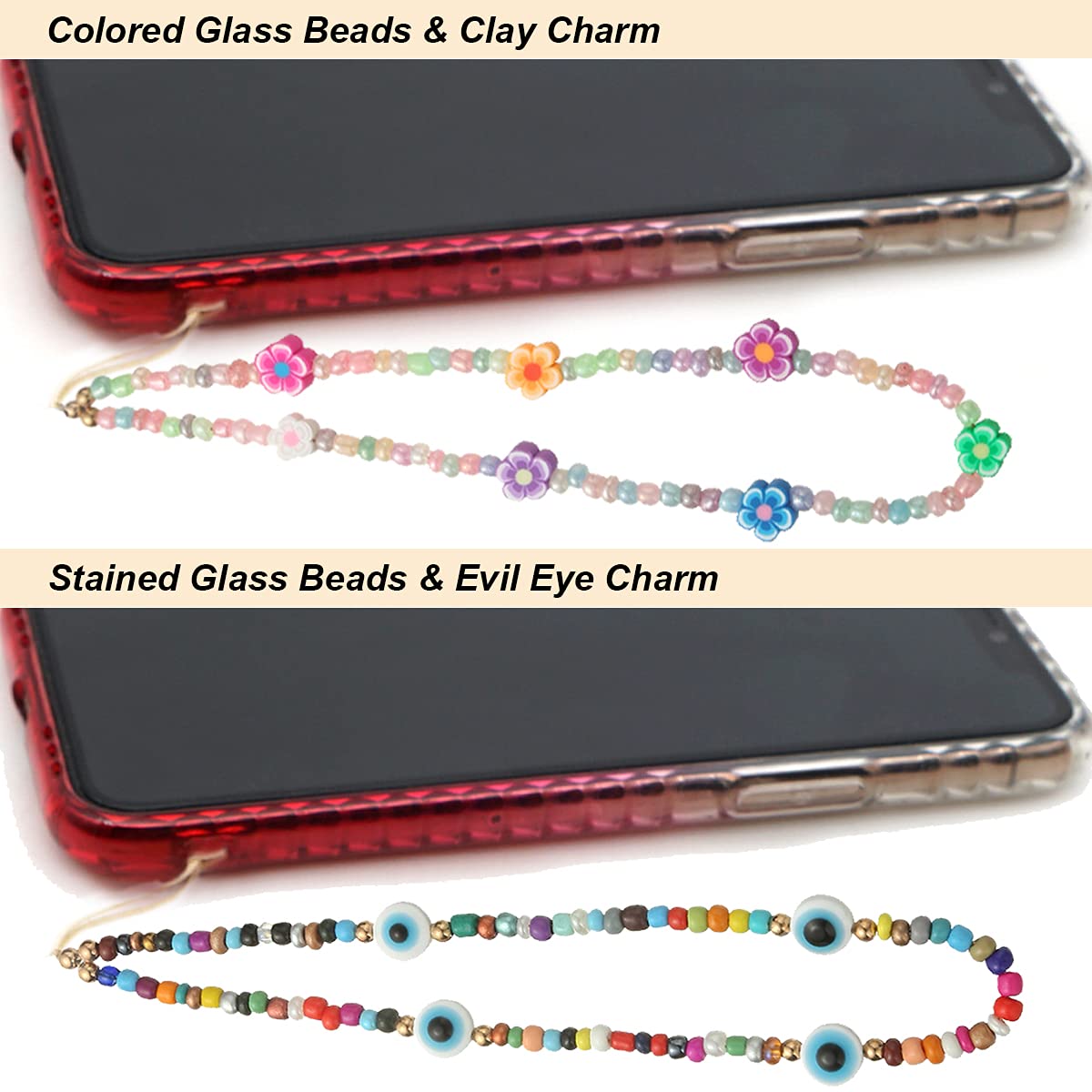 Taouzi 6 Pcs Beaded Phone Charms Strap Faux Pearl Face Fruit Star Rainbow Beaded Phone Lanyard Wrist Strap Beaded Lanyard for Phone Camera Key Wallet