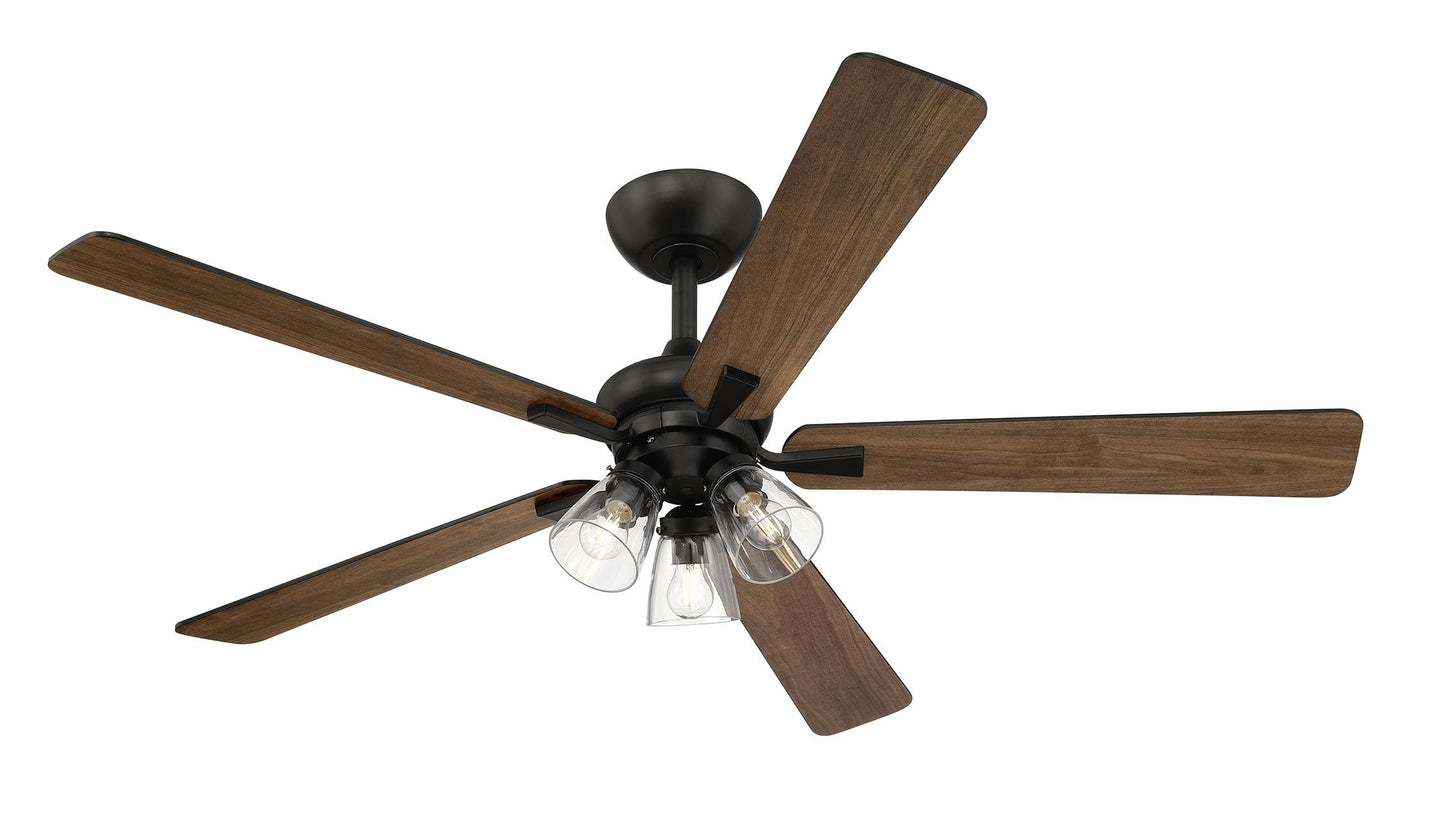DESIGNERS FOUNTAIN Charney 52 Inch Indoor Traditional Ceiling Fan, Clear Glass Shades, Remote Control, Matte Black