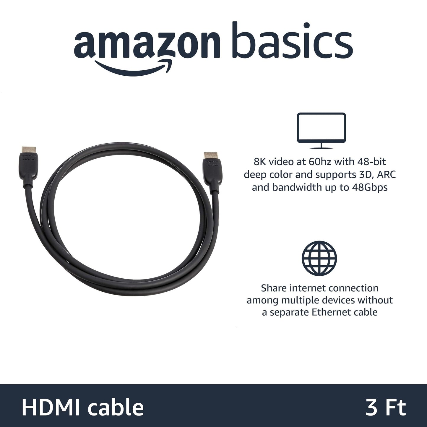 Amazon Basics HDMI Cable, 3 Feet, HDMI 2.1 to HDMI Cable (48Gbps), 8K@60Hz 4K@120Hz Certified Ultra High Speed, Black, Compatible