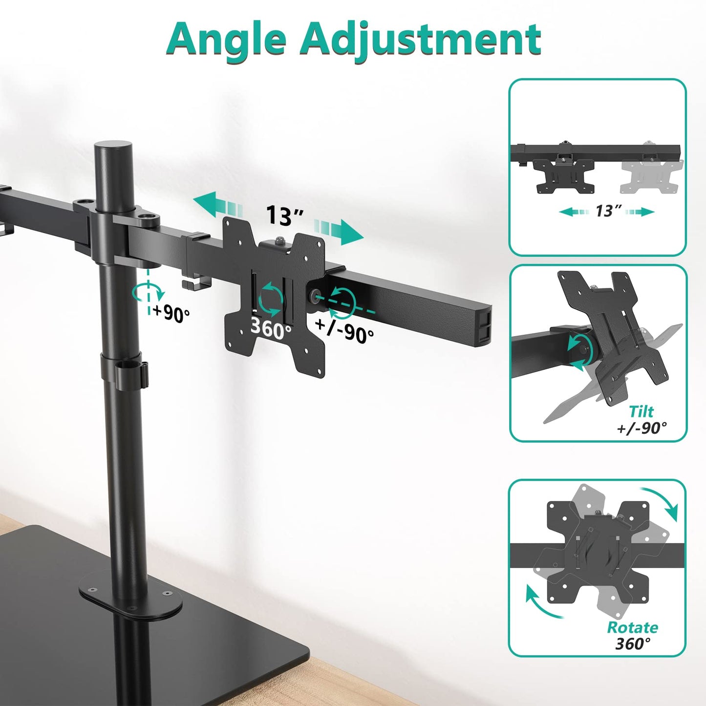 WALI Free Standing Dual Monitor Stand, Height Adjustable Monitor Mount with Glass Base, Fits LCD LED Flat Curved Screen up to 27 inch, 22lbs