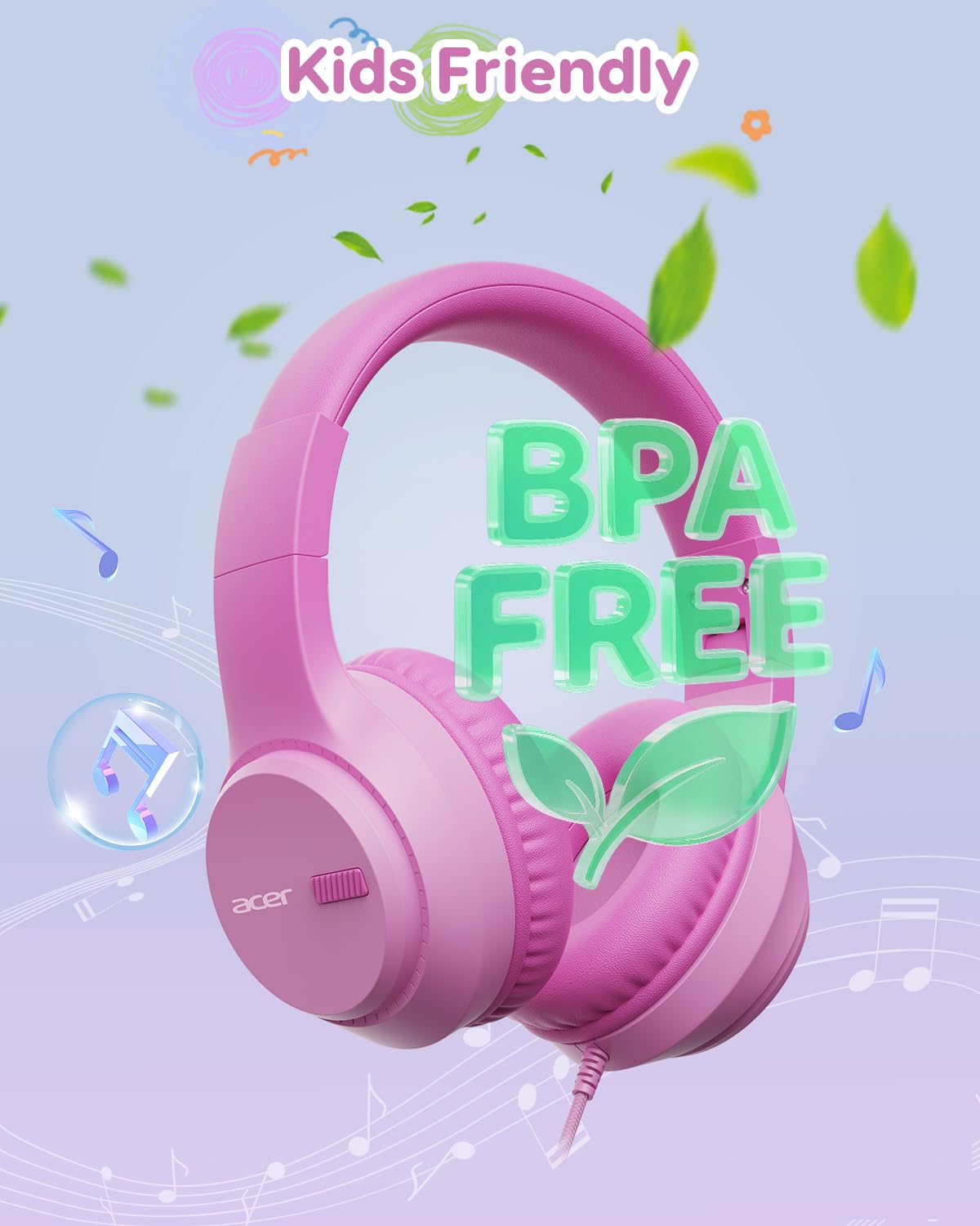 Acer Kids Headphones, 74?85?94dB Limiter, 3.5mm Jack, Pink OHW343