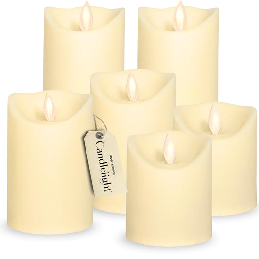 Candlelight by Fever Official Flickering Flameless Candles - 6pk Battery Operated Candles, Realistic Moving Wick Plastic Pillar LED Candles, Unscented