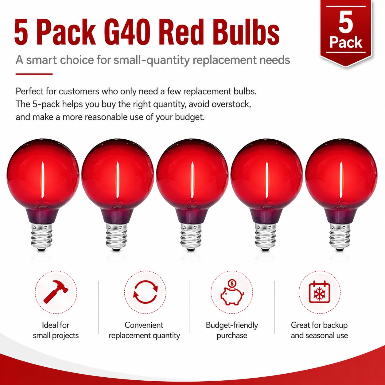 NICONIK G40 Red LED Replacement Bulbs, E12 Candelabra Base, 5 Pack