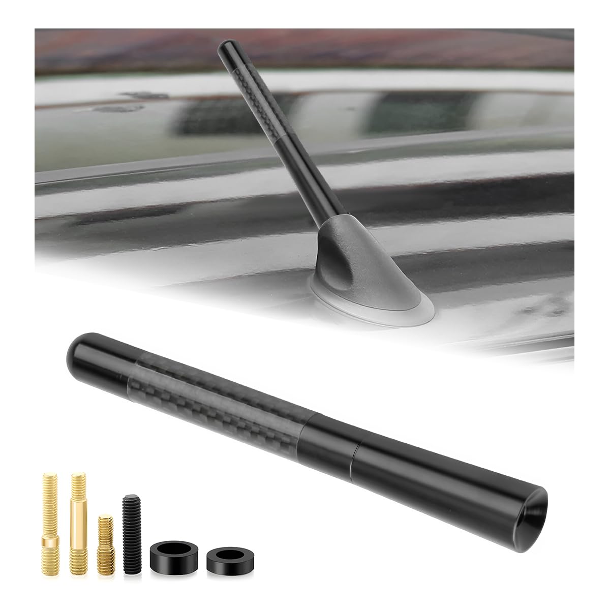 FSTURIOS Car Short Antenna, 4.7" Stubby Aluminum Radio Antenna Replacement with Screws Gaskets, Vehicle Roof Carbon Fiber Mini Aerial Antennas