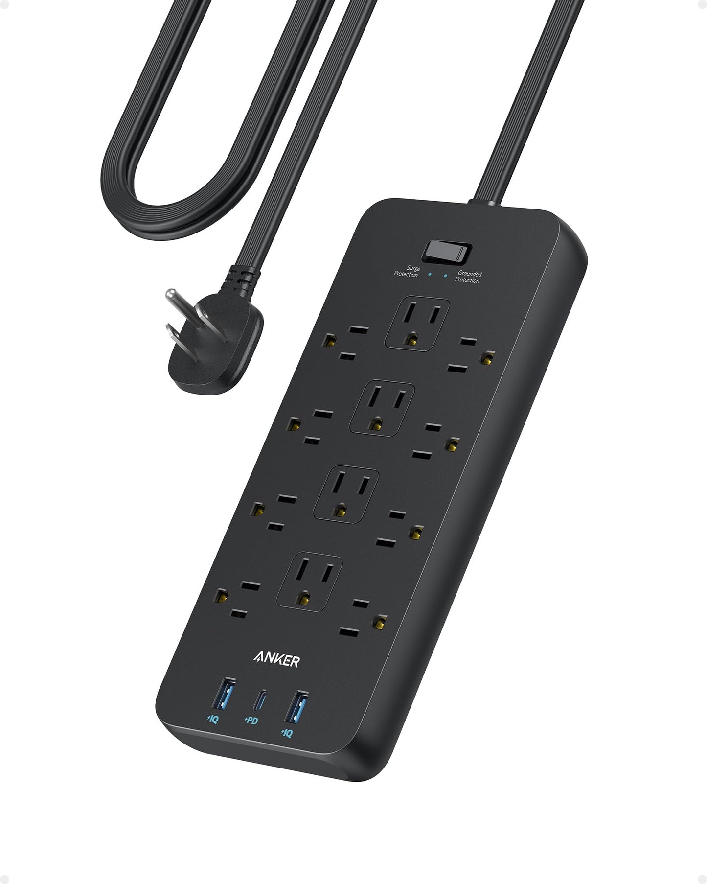 Anker Surge Protector Flat Plug Power Strip(2100J), 12 AC Outlets, 5feet Flat Extension Cord, 1USB C and 2 USB Ports for Multiple Devices, 20W Fast