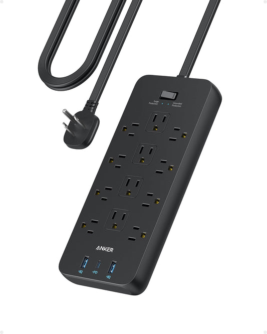 Anker Surge Protector Flat Plug Power Strip(2100J), 12 AC Outlets, 5feet Flat Extension Cord, 1USB C and 2 USB Ports for Multiple Devices, 20W Fast