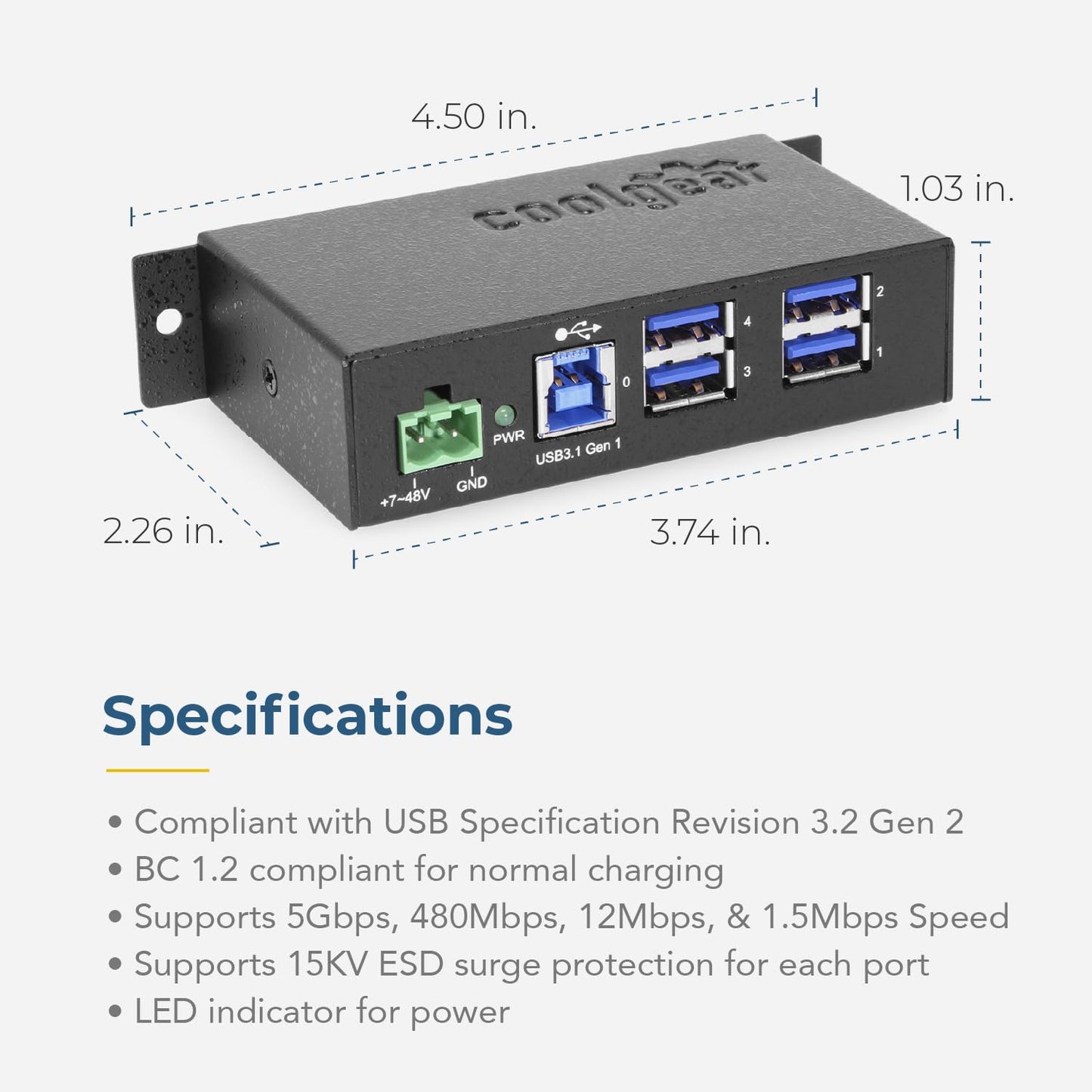 Coolgear Industrial 4 Port USB 3.0 Powered Hub, 5Gbps Speeds, Metal Housing, 7-48V DC Input, Wall and DIN-Rail Mountable, ESD Surge Protection - PC…