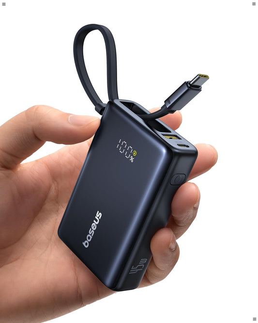 Baseus Power Bank, Picogo 10000mAh 45W 3-Output Portable Charger with Built-in USB-C Cable, PPS/PD QC Fast Charging External Battery Pack for iPhone