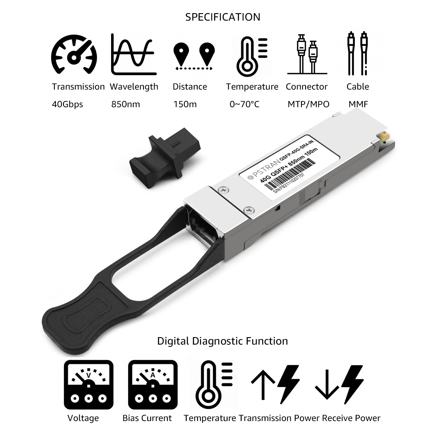 OPSTRAN 40GBASE-SR4 QSFP+ Optical Transceiver Module Compatible with Intel E40GQSFPSR 850nm 100m DDM MPO-12/UPC MMF