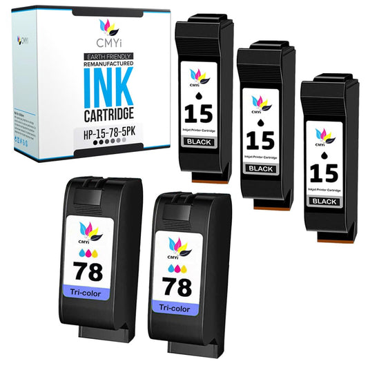 CMYi 15 78 Combo Pack of 5 Replacement Ink Cartridge for HP DeskJet 3820, 3820v, 3822, 845, 920, 920C, 920Cvr, 920Cxi, 940, 940C, 940Cvr, 948, 948c