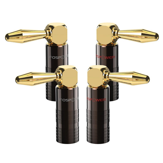 FosPower Right Angle Banana Plugs (2 Pairs / 4 pcs), Closed Screw 24K Gold Plated Banana Speaker Plug Connectors for Speaker Wire, Wall Plate, Home
