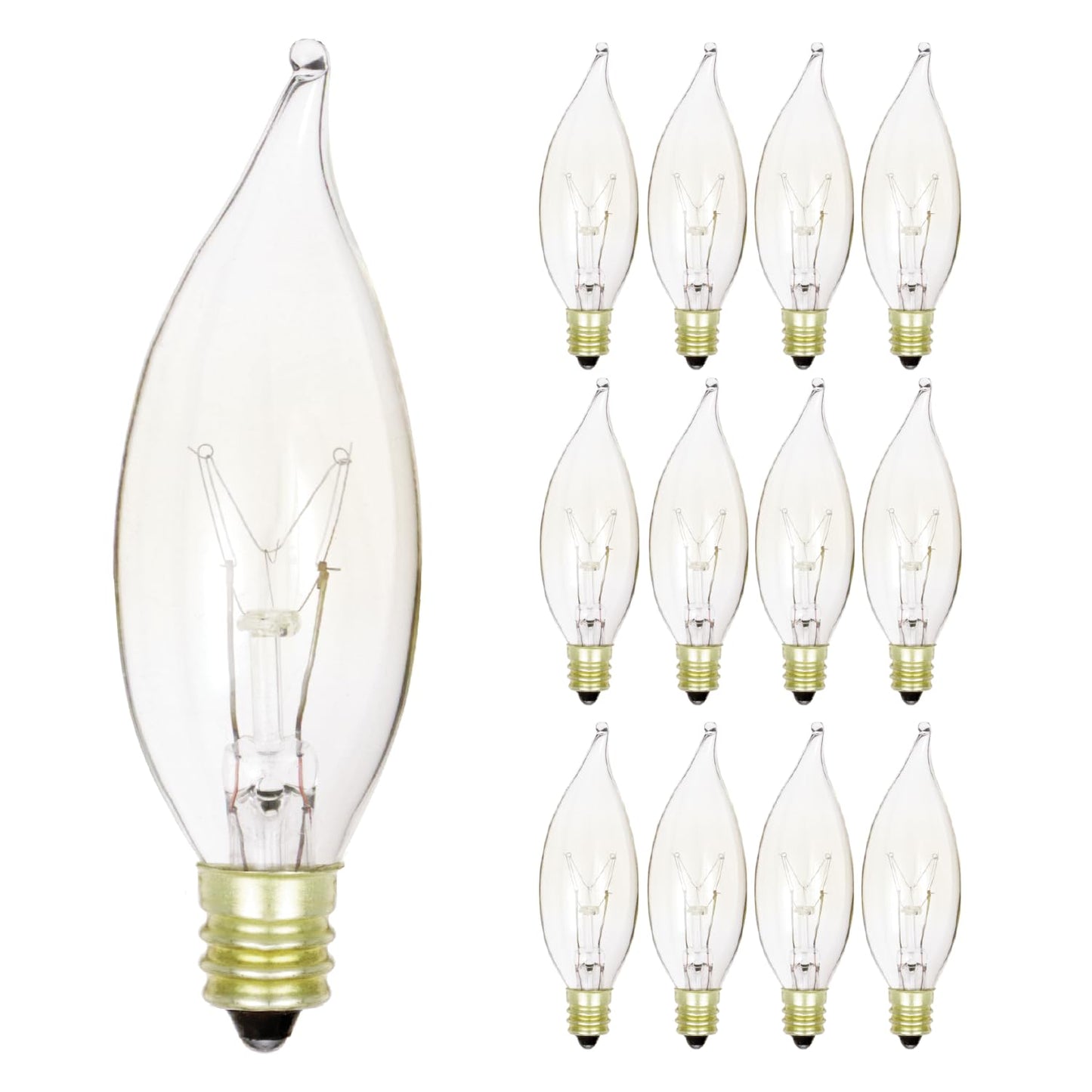 KOR 15W Clear Flame Tip Incandescent Bulbs, Candelabra E12, 12-Pack