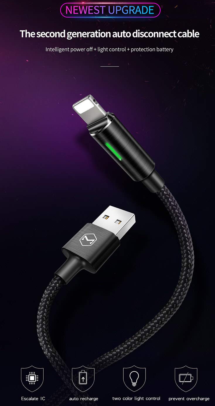 Power Off/On Smart LED Auto Disconnect and Auto Recharge Nylon Braided Sync Charge USB Data 6FT/1.8M Cable Compatible New Phone List Below (Black…