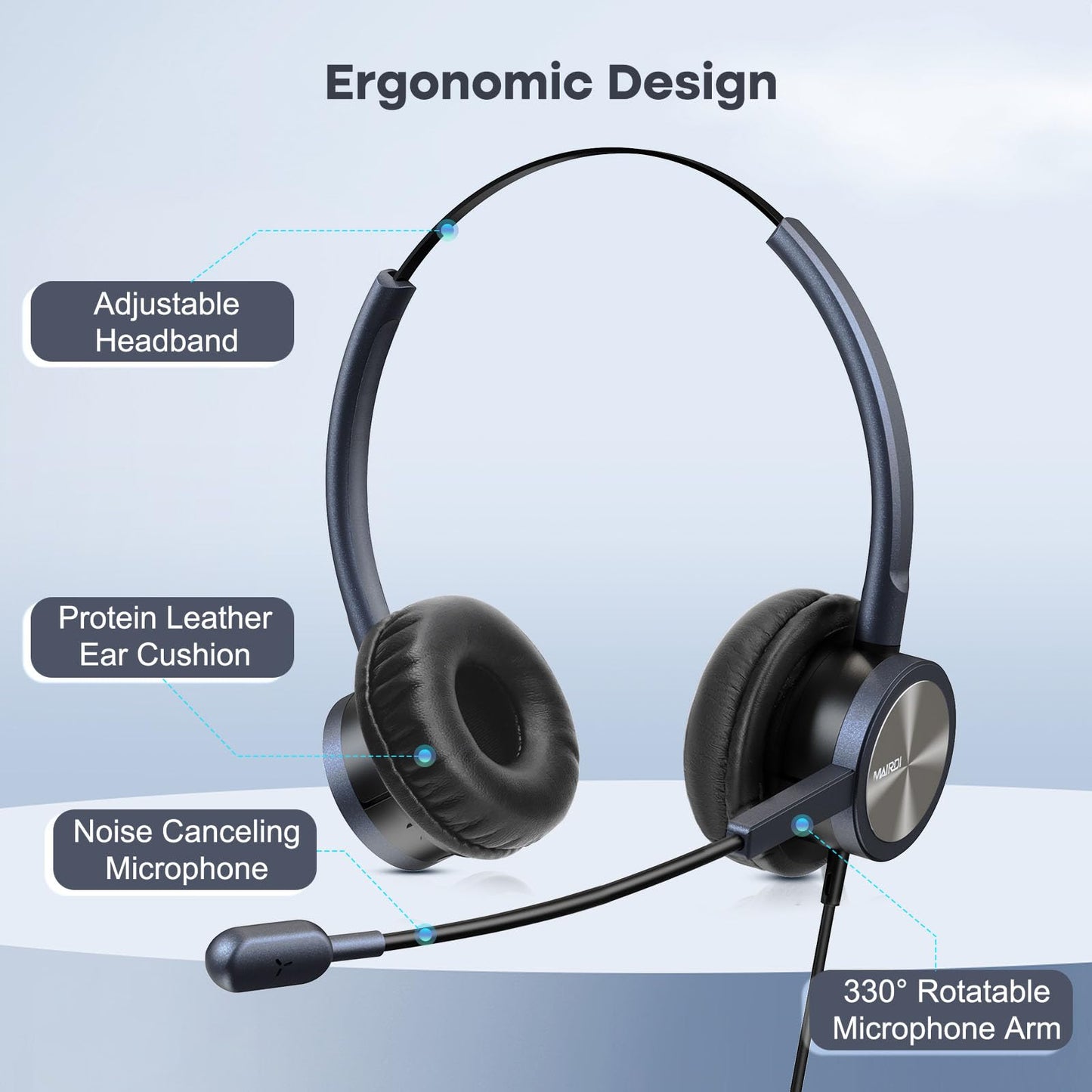 MAIRDI Telephone Headset with RJ9 Jack & 3.5mm Connectors for Call Center Office Deskphone Cell Phone PC Laptop, Landline Phone Headset