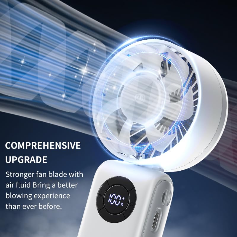 Portable Handheld Fan, 3 IN 1 Rechargeable Personal Fan with 5 Speed Wind, 4000mAh Battery, Digital Display, 90° Foldable Rapid Cooling Small Fan Desk