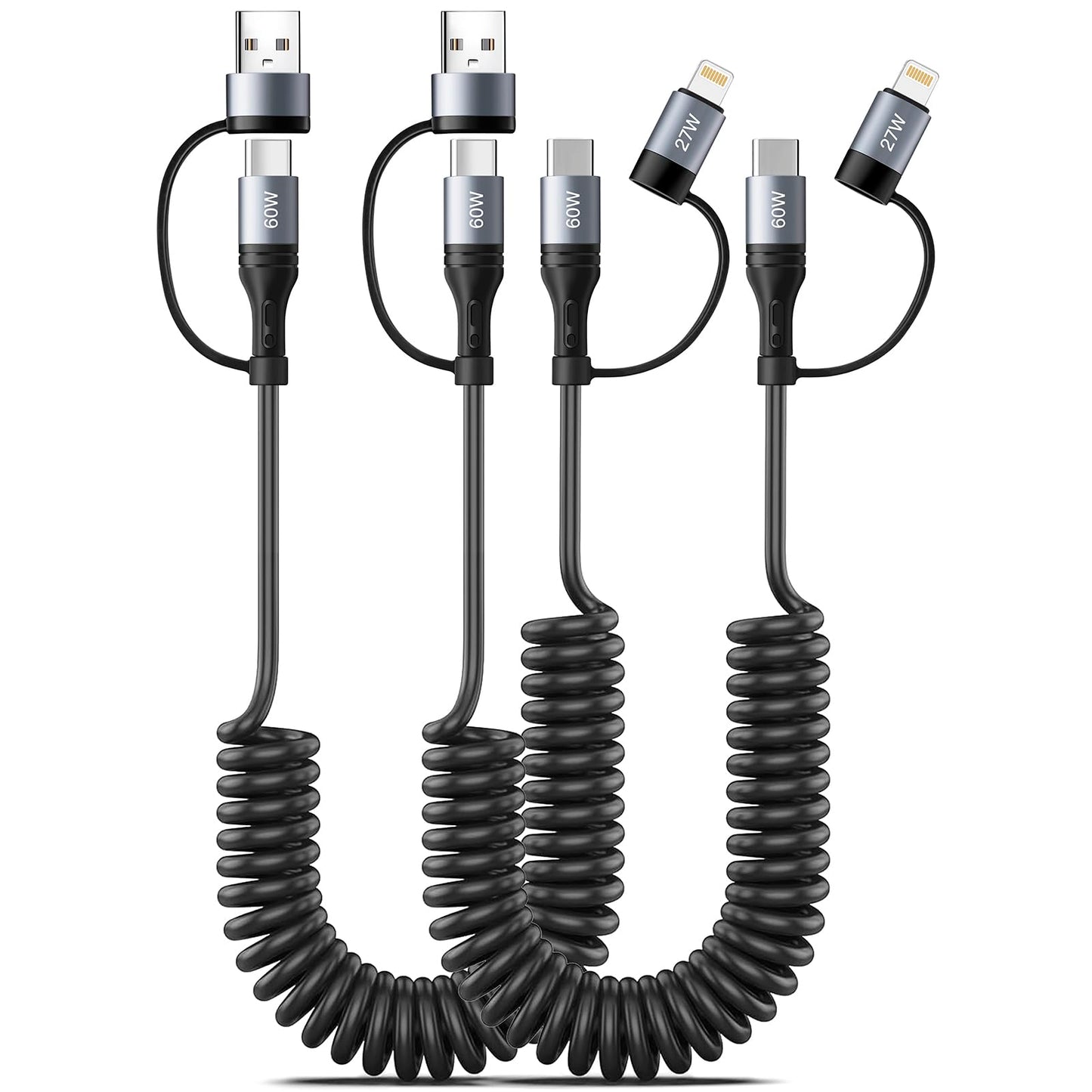 Coiled Lightning Cable [2Pack 4FT] 4 in 1 Multi Charging Cable 60W Fast Charging Retractable Charger Cord for iPhone 17/16/15/14/13/12/11 Pro Max/XS…